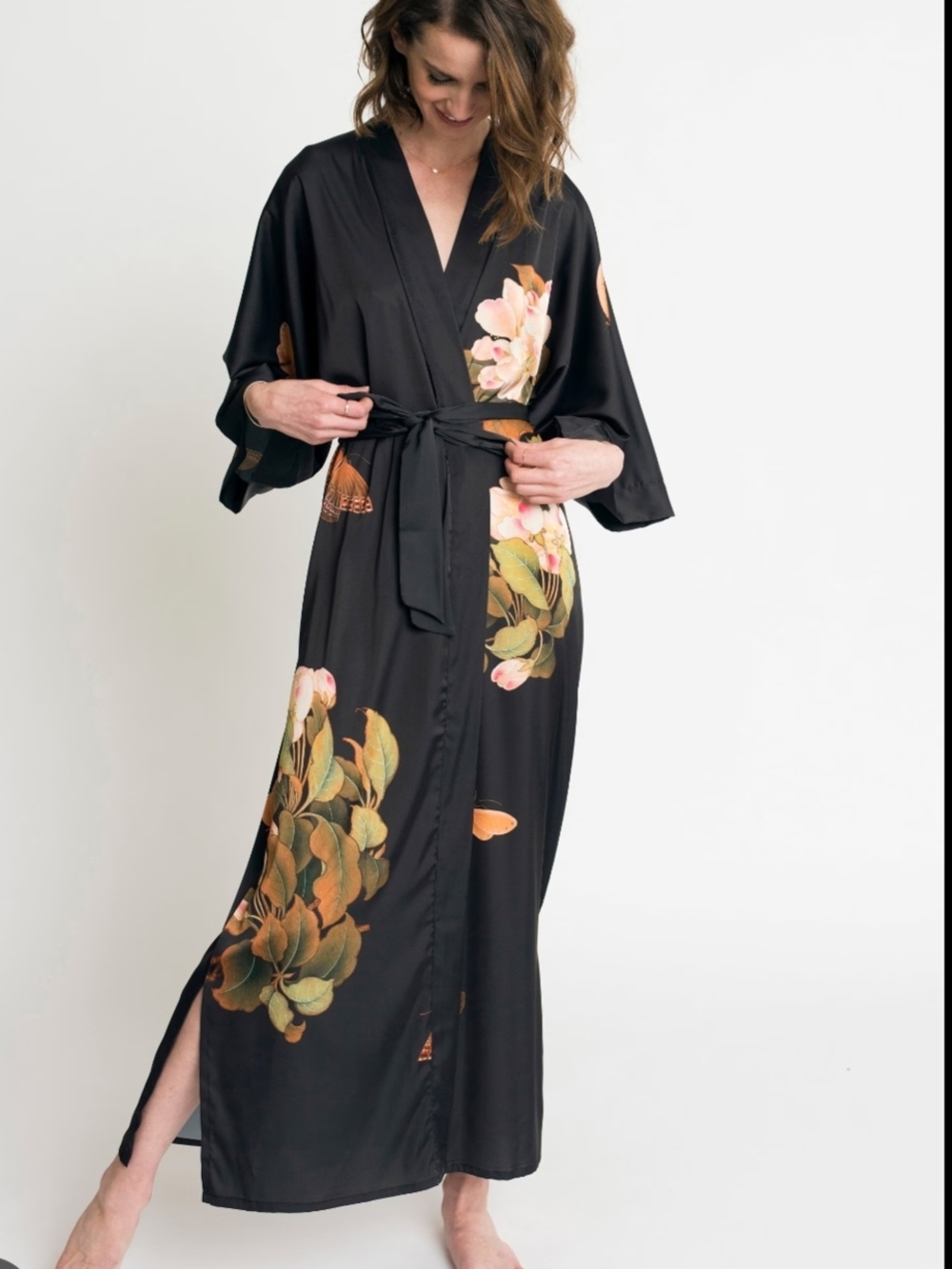 Black Floral & Butterfly Long Kimono Robe